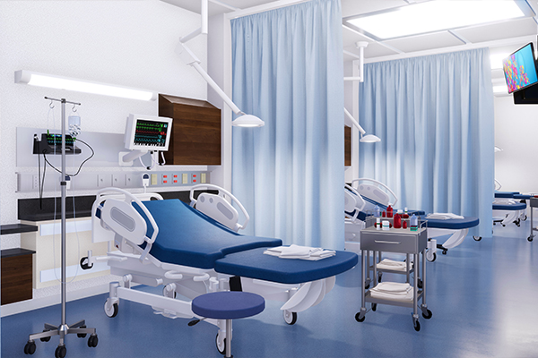 Hospital beds and patient room furniture